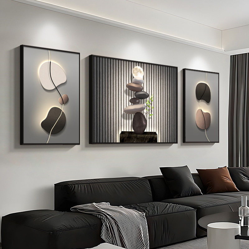 Modern light luxury living room decorative painting, high-end black, white, and gray abstract sofa background wall hanging painting, triptych wall art