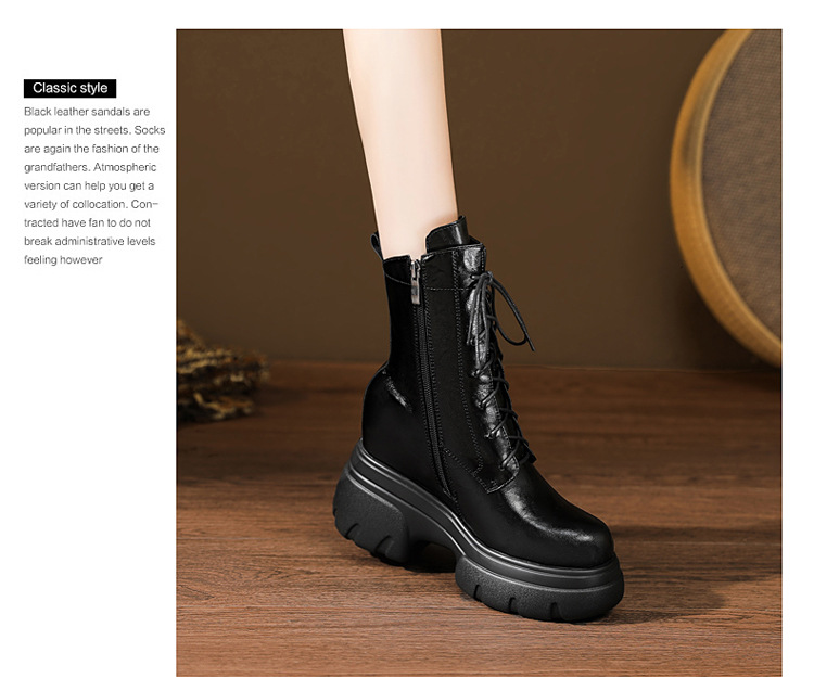 Boot Martin nữ đế xuồng da thật mũi tròn gót cao 6 cm dây buộc — nhung đen, Nhung nâu, Lớp lót đơn màu đen, Lớp lót đơn màu nâu chi tiết 18