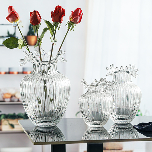 Modern Minimalist Wave Mouth Transparent Glass Vase for Living Room Bedroom Dining Table Flower Arrangement Water Planting Home Decor Ornament