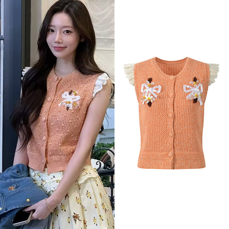 2026 Summer New Fashion Floral Bead-Embellished Embroidered Lace Patchwork Round Neck Slim Fit Sleeveless Knitted Cardigan Top