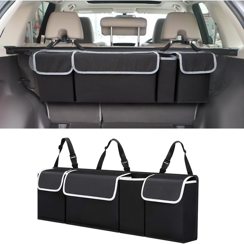 Car trunk storage bag, car rear seat back hanging bag, three webbing straps, large capacity Oxford cloth storage bag