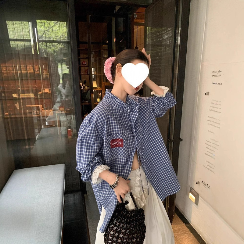 American Retro College Blue and White Plaid Lace Stitching Labeling Drawstring Collar Sunscreen Shirt
