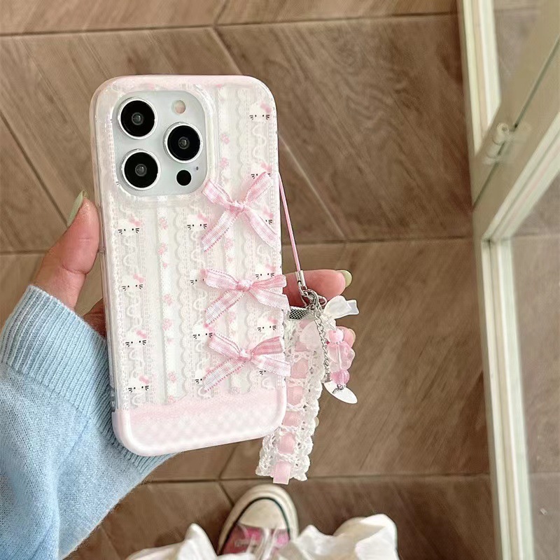 Dulce lazo de encaje rosa para iPhone15 funda para teléfono móvil 14pro max mujer 13pro colgante 12