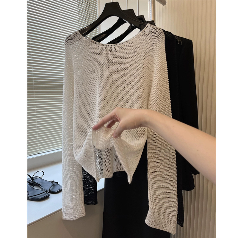 Lazy loose feeling natural coarse woven simple linen hollow long sleeve small short summer knitted blouse women's thin