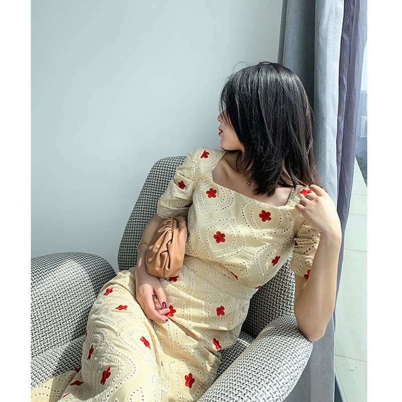 Váy maxi ren vai vuông phong cách Hepburn FL21199, chất voan mùa hè dài ngang đùi — Màu như hình chi tiết 7