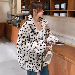 New Zipper Leopard Print Fur Collar Jacket Autumn and Winter Mid-length Imitation Rabbit Fur Women's Thickened Warm Fur Top