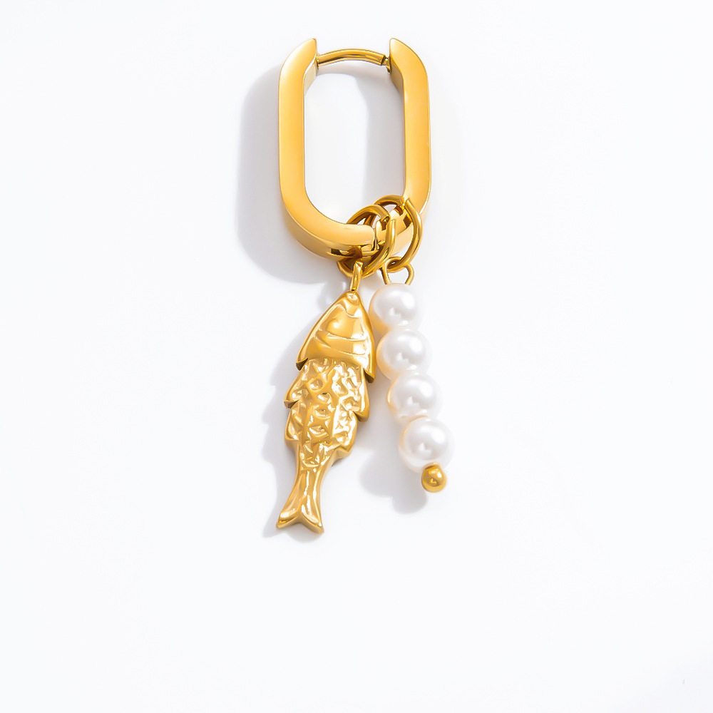 Polished Finish PVD Coated Real Gold Plated 18K Gold Fish 304 Stainless Steel Elegant Simple Style Waterproof Non Tarnish Charm Sleeper Hoop Earrings Drop Earrings