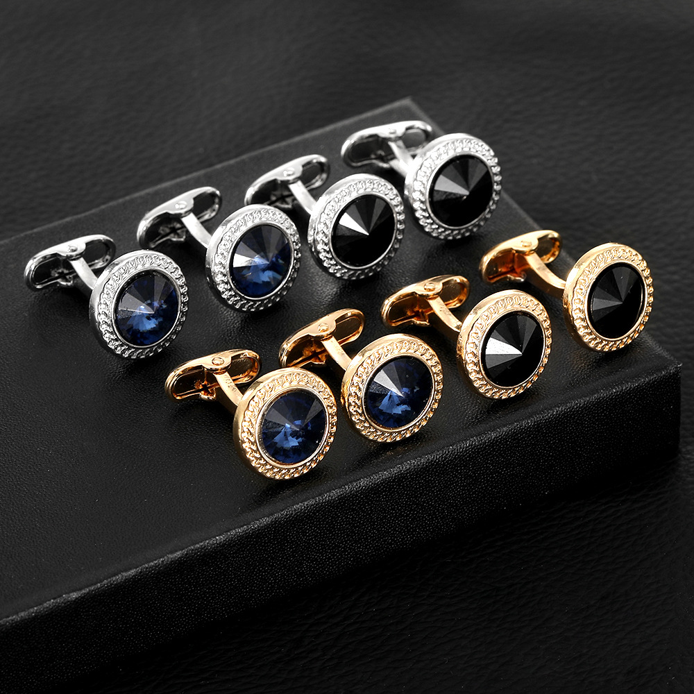 fashion new round gold plated zircon cufflinks men's French shirt business cuff nails cufflinks_voghion.com