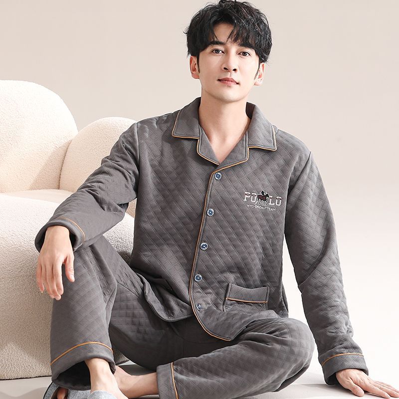 Pijamas sándwich de algodón de aire de otoño e invierno para hombres gruesos, jóvenes y de mediana edad, cálidos y delgados, acolchados se pueden usar afuera, ropa de hogar, invierno