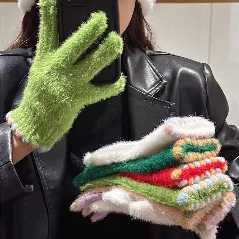 可爱彩色小糖豆毛绒手套女可触屏分指冬季保暖加厚防寒骑行学生潮|undefined
