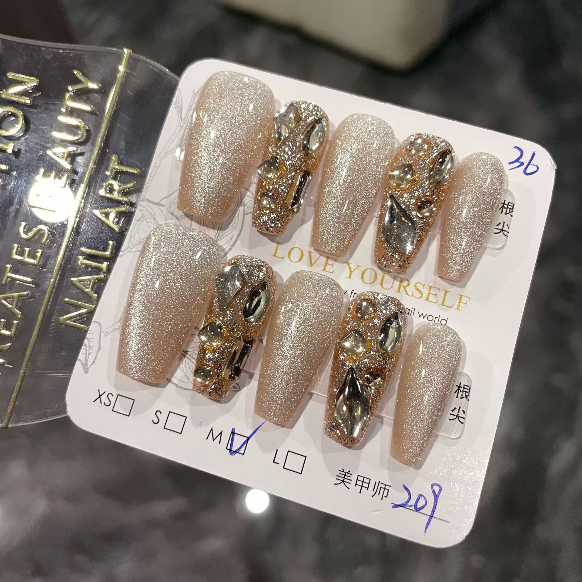 10 piezas de mano pura ojo de gato desgaste de uñas piezas de uñas acabadas etiquetas de uñas blancas champagne ojo de gato largo diamante completo al por mayor