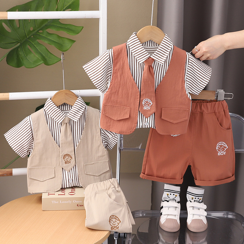 Boys' Suit Two-piece Summer Dress Korean Style Children's Striped Tie Shirt Short-sleeved Children's Vest Fake Two-piece Top