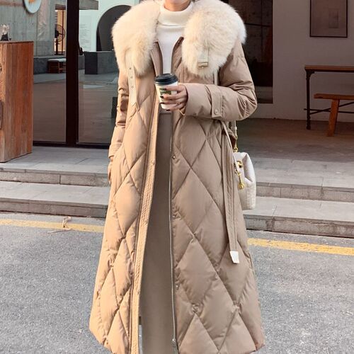 Large fur collar medium and long down cotton coat for women's winter Lingge popular over-the-knee thick coat coat and waist coat