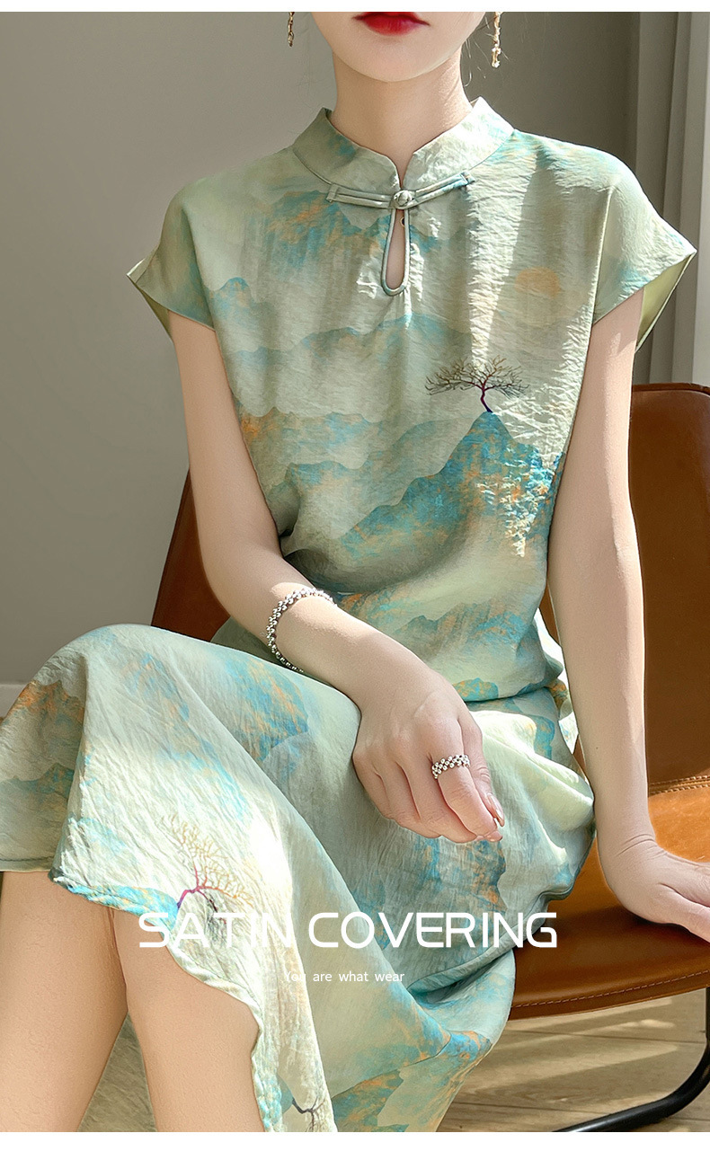 2024 Spring/Summer Women's Retro Slimming Dress, Tencel Cotton New Chinese Style Long Modified Cheongsam_ecoleips.com
