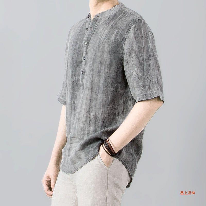 Distressed Pleated Linen Three-Quarter Sleeve Shirt Men's Summer Loose Stand-Up Collar Pullover Breathable Cotton and Linen Casual Shirt