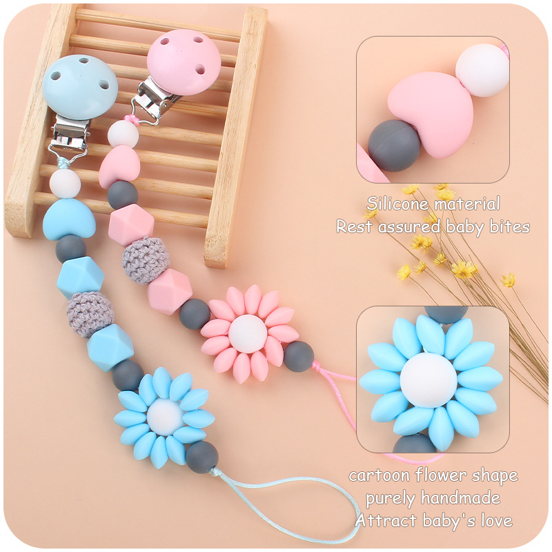 Bebé de dibujos animados flor chupete cadena creativa bebé cuentas de silicona mordedura molar cadena anti-caída Amazon nuevo