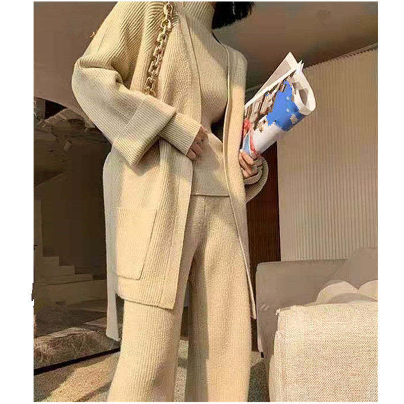 Three-piece Fashionable Women's Knitted Suit Autumn And Winter Ladylike Temperament Thickened Wide-leg Pants Bottoming Sweater Cardigan Women's Clothing