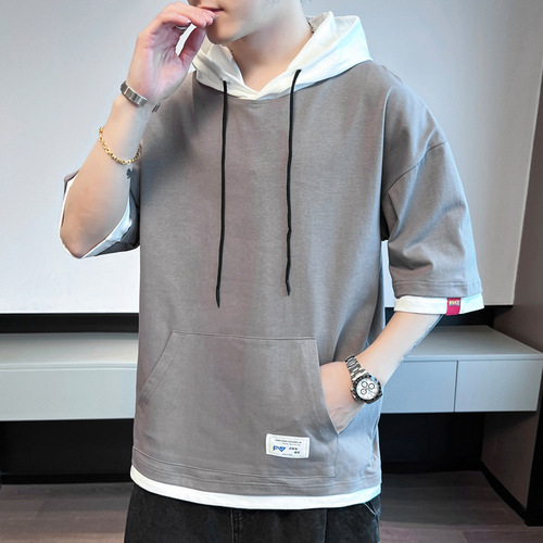 K summer new men's short-sleeve T-shirt, fashion brand hooded, half-sleeve ins, fashionable all-matching half-sleeve summer pure cotton T-shirt