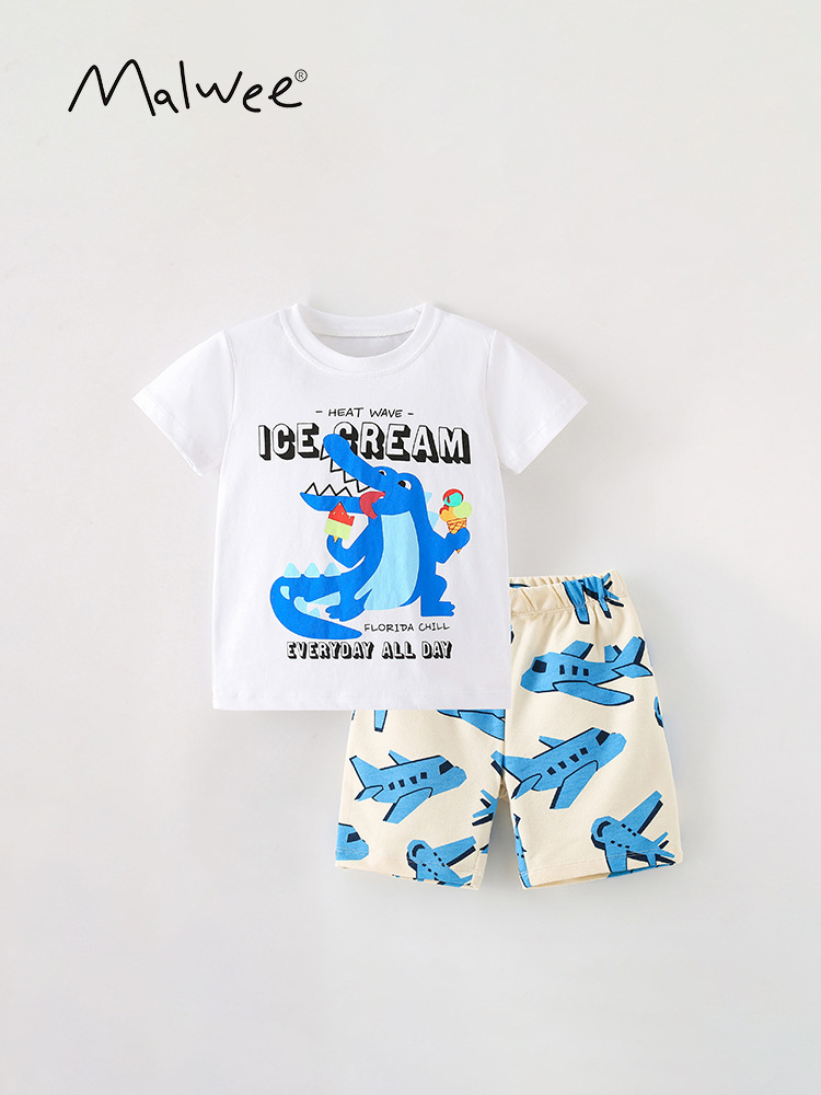 Malwee ropa para niños de verano nuevo estilo europeo y americano para niños pequeños y medianos cuello redondo casual pantalones de manga corta guapo conjunto de dos piezas para niños
