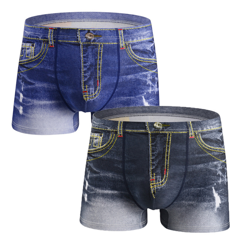 Men's Cotton Boxer Shorts with Denim Print, Trendy Brand, Mid-Rise, Breathable, Youth Denim Shorts