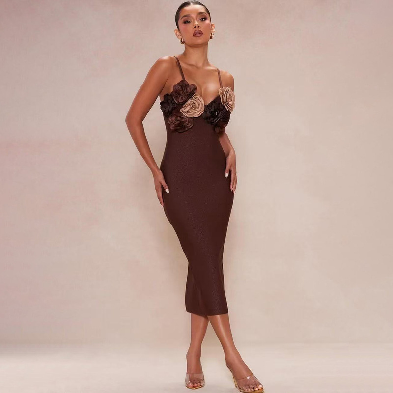 2025 Cross-Border New Foreign Trade Stand-Up Suspender Body Flower Classy Lady Style Party Vacation Bandage Skirt Bandage