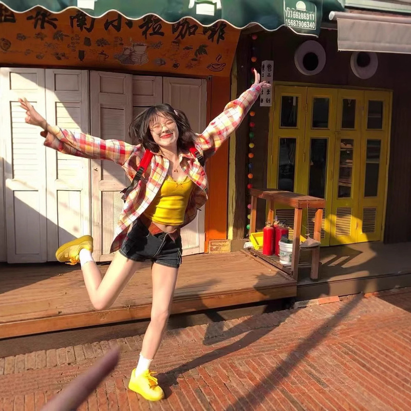 [Factory Ready Stock] Dopamine Rainbow Plaid Long-Sleeved Shirt Women's Spring New Sun Protection High-End Top