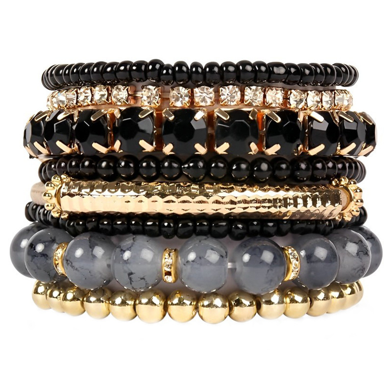 Cross-Border Popular Multi-Layer Bohemian Bracelet Trendy Creative Jewelry Sparkling Diamond Glass Bead Elastic Bracelet Set for Women