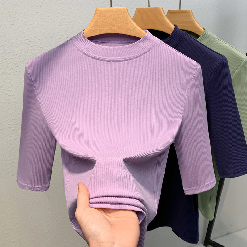 Camisa de fondo de hilo de mujer 2023 nueva camiseta de media manga de cuello alto elegante para mujer Camiseta de media manga interior elástica