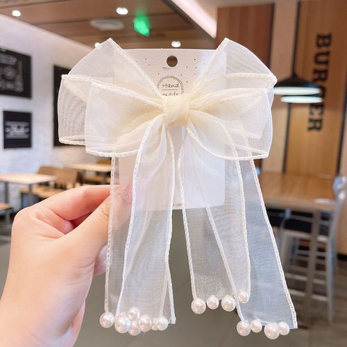 Korean-style bow ribbon pearl children's hair clip princess fairy-like tassel net lace hairpin solid color fabric hair accessory