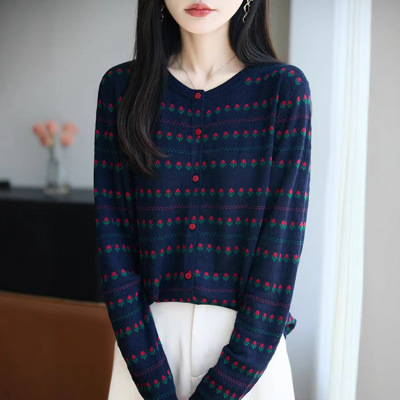 气质高级感撞色郁金香提花短款圆领针织开衫女秋季新款时尚百搭休|undefined