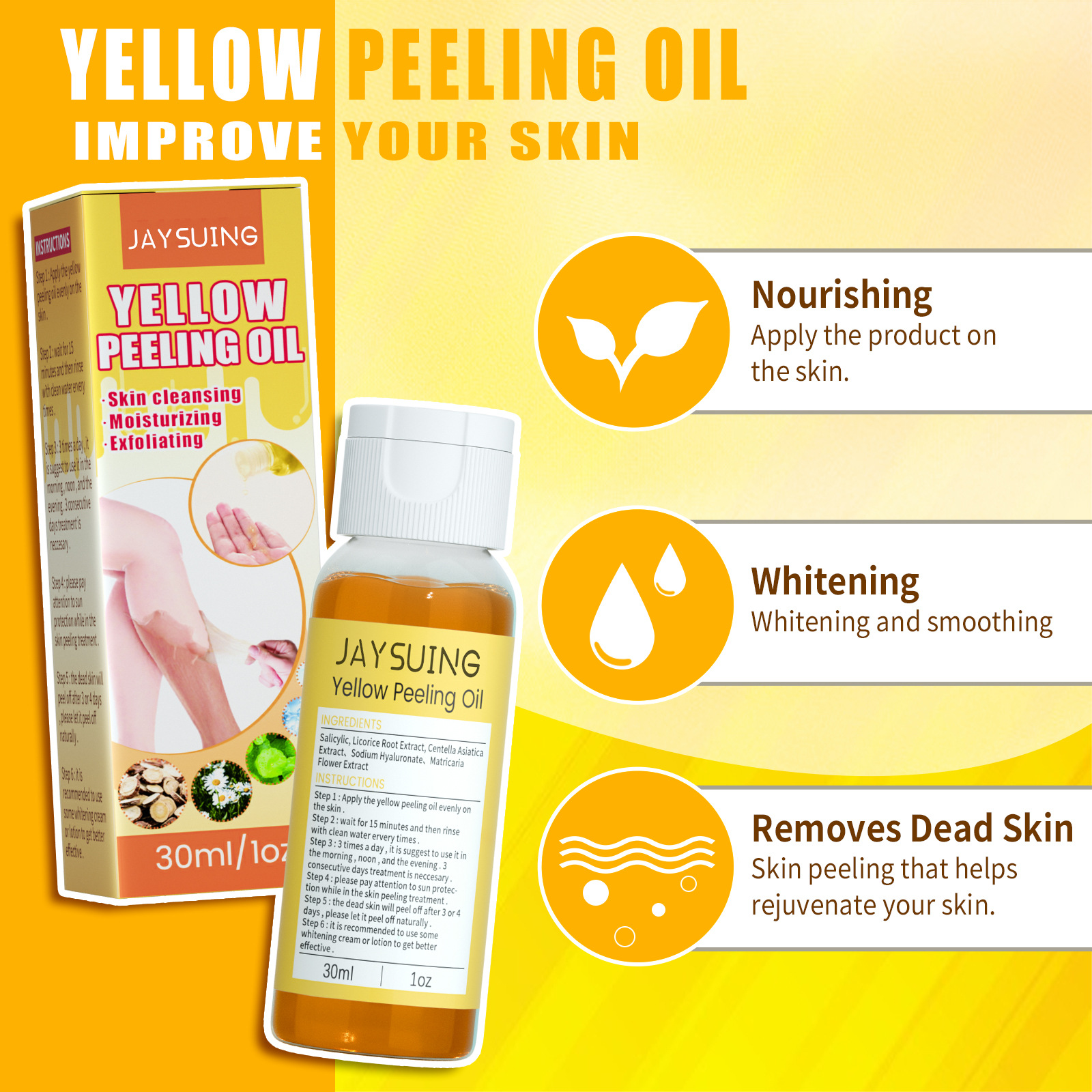 L'huile exfoliante pour la peau jaune Jaysuing hydrate la peau du corps, la rendant délicate, belle, blanche et tendre._voghion.com