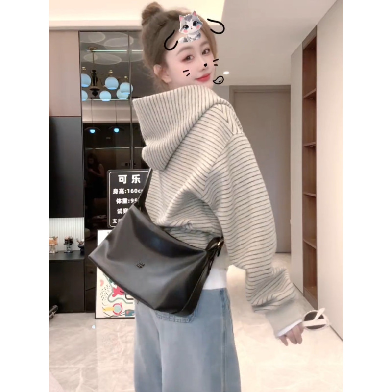 美式开衫条纹连帽拉链外套女2025秋季新款小众运动休闲宽松卫衣潮|undefined