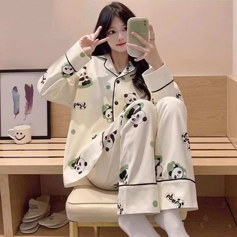 Pajamas for Women Spring and Autumn Autumn and Winter Pure Cotton Long-Sleeved Long Pants Cute Cartoon 2026 New Cardigan Home Wear Summer Suit
