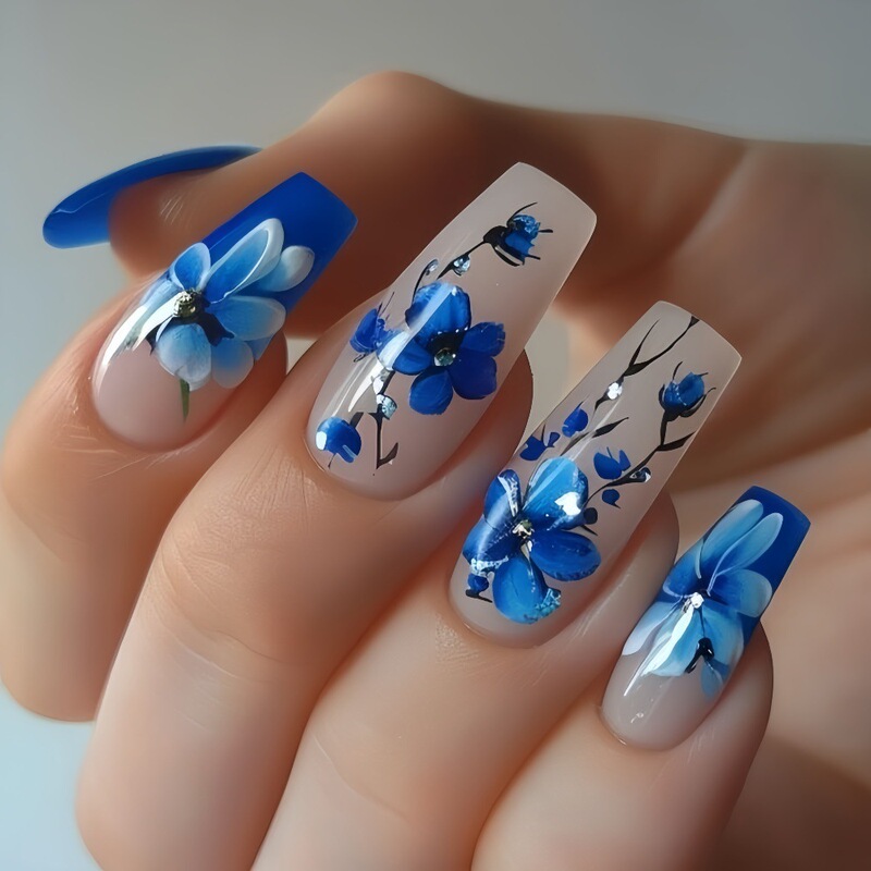 Cross-Border Hot Selling Ballet Nail Art Wearable Nail Blue Flower Painted Nail Patch Fake Nail Tb-63