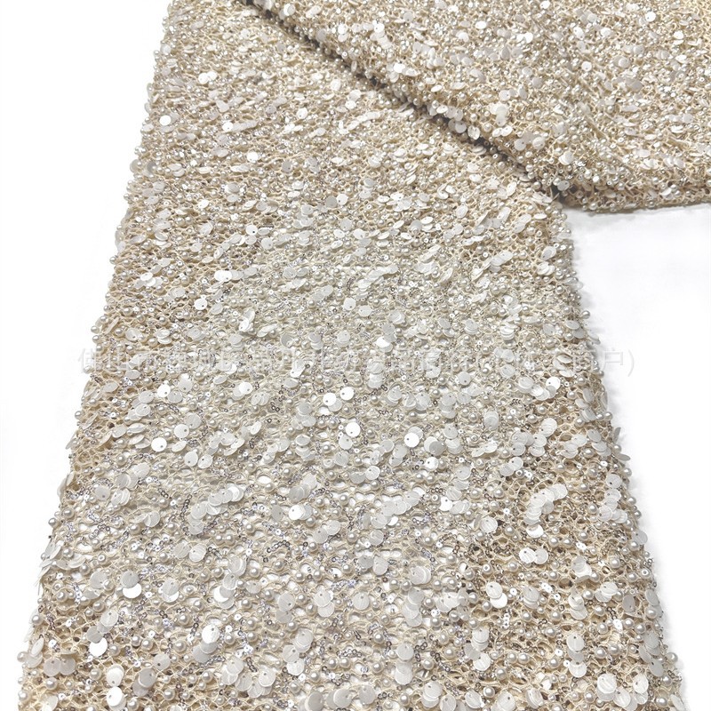 Tejido de malla de perlas pesadas 3 + 9cm de tela de vestido de boda de sequilla al por mayor