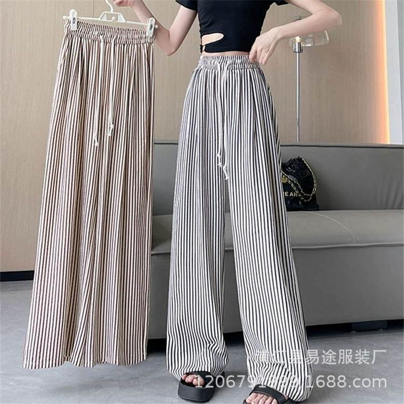 Летние новые женские хлопчатобумажные широкие брюки из марли с широкими штанинами, полосатые, повседневные, на эластичном поясе со шнурком, оптом