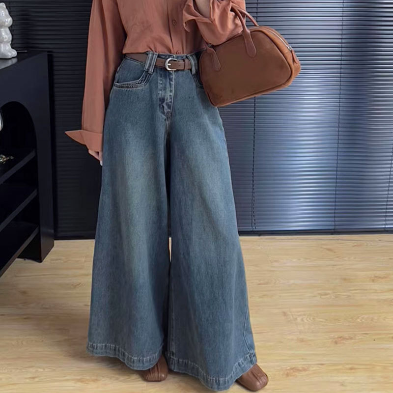 ゆったりとした広い足のジーンズの女性の新型の小さい衆の腰のまっすぐな筒の大きいサイズのナシの形の復古の青いモップのズボンの秋|undefined
