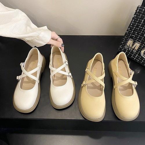 Women's scented shallow mouth small leather shoes with delicate bottom Mary Jane bean thick comfortable summer single shoes with cross straps