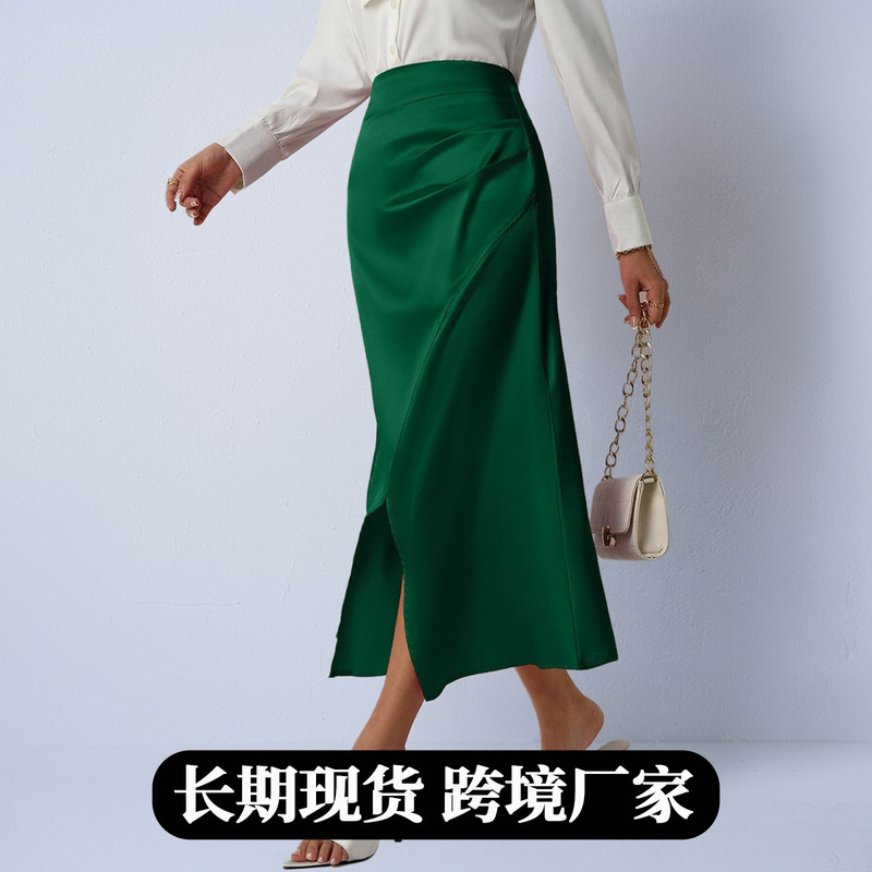Real Shot of Foreign Trade European and American Women's Satin Skirt, Autumn Pleated Slit Long Skirt, Zipper Fishtail Bodycon Skirt Real Shot of Foreign Trade European and American Women's Satin Skirt, Autumn Pleated Slit Long Skirt, Zipper Fishtail Bodycon Skirt