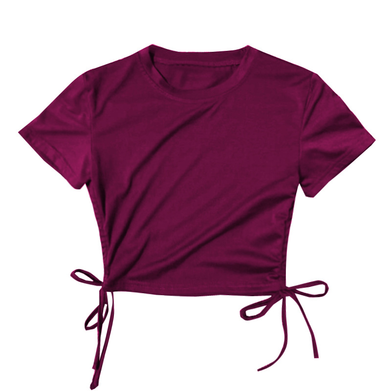 B1226 Short -sleeved exposed umbilicus on both sides of the torrent T -shirt wine red
