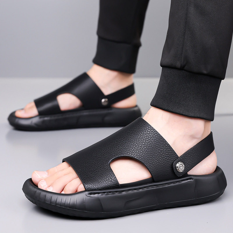Dép sandal nam da bò lớp đầu mũi hở đế dày, dép đi biển da mềm đế êm — GA05 màu nâu, GA05 màu đen