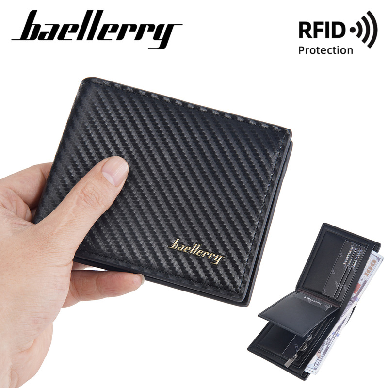 Wallet new PU carbon fiber men's high sense RFID anti-magnetic men's short coin zipper bag wallet