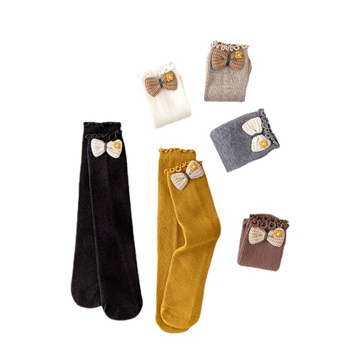 Children's Crew Socks for Fall and Winter, Korean Style, Solid Color with Small Floral Butterflies and Lamb Wool, Wholesale Baby Socks