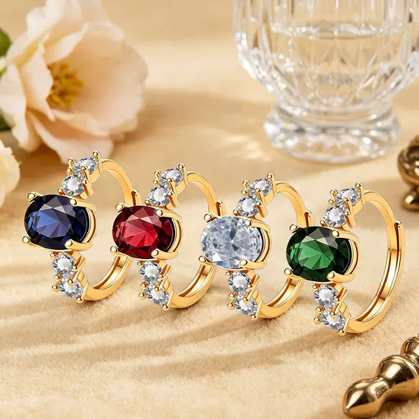 Cross-border bestseller: light luxury oval multi-color gemstone open ring for women, high-end design, niche, romantic, fashionable, versatile