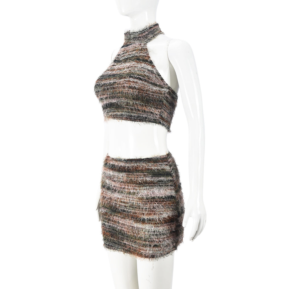 Buckle Neck Cropped Sexy Vest Short Skirt Casual Set Women