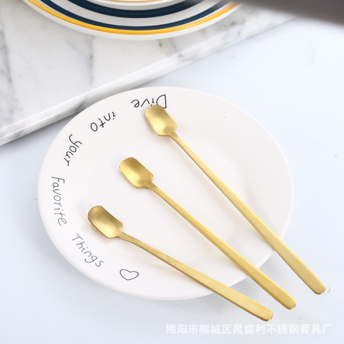 Stainless steel long-hand cherry blossom spoon golden rose spoon gift set, silver ear spoon, stirring square head spoon, leaf spoon