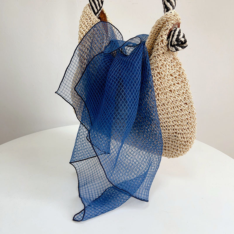 Vintage Imitation Blue Dye Silk Wool Small Square Thin Neck Protection Gauze Elegant Commuting Thin Narrow Long Scarf for Women