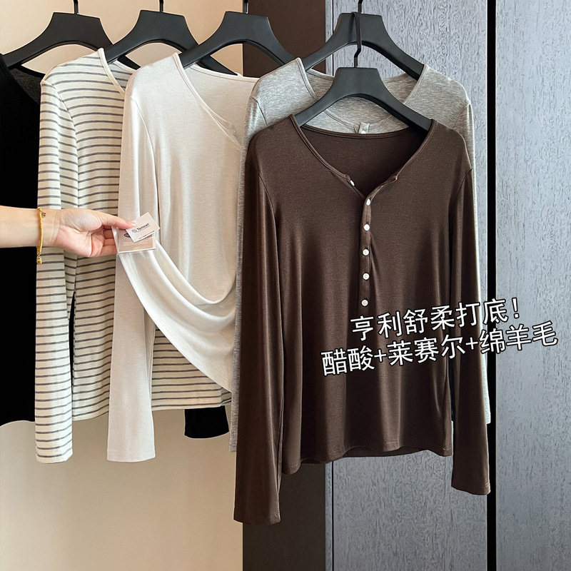 2025 Tencel Wool Acetate Women's Long-Sleeved T-Shirt Knitwear with Bottoming Henley Collar Top for Women Autumn