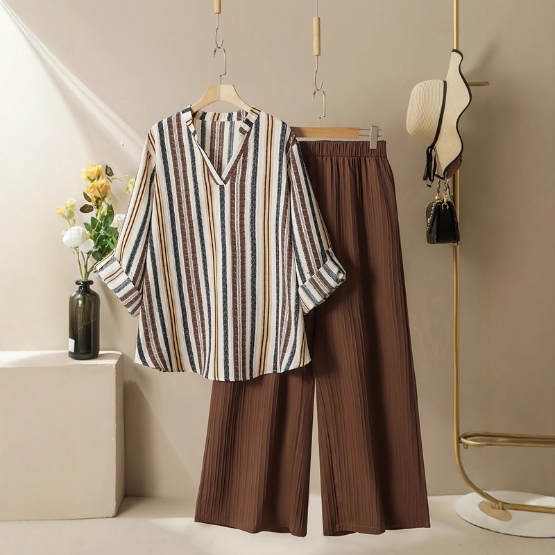 European and American Cross-Border Suit Autumn and Winter Women's Striped Print Retro Casual Loose High-End Women's Shirt Pants