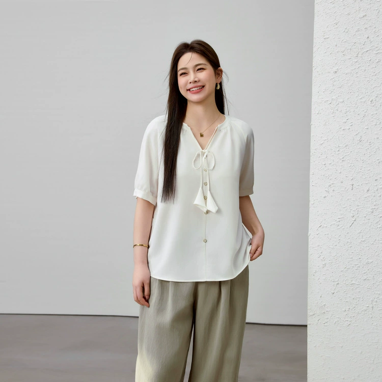[Bai Yu Qingmeng] Литературная шнуровка легкая дышащая рубашка с V-образным вырезом